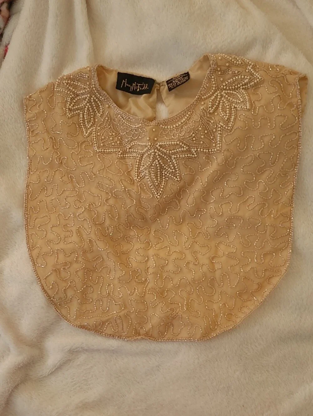 Mary McFadden Beaded Pearl-Embellished Neckline in Cream W/ Draw-string Bag